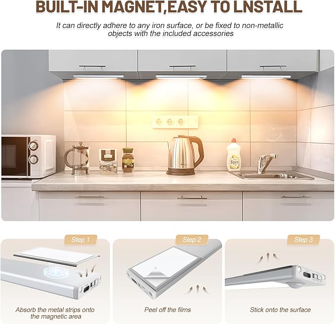 6 Pack Under Cabinet Lights Wireless, 40 LED Motion Sensor Light Indoor Rechargeable Magnetic Closet Lights Battery Operated, Under Counter Lights for Kitchen, Wardrobe, Stairs, Warm Light