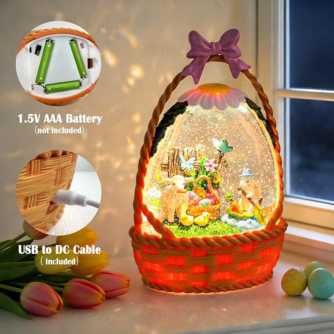 Easter Bunny Snow Globe Basket Egg Easter Decorations for Home Rabbit Sheep Chick Flower Butterfly Tabletop Glitter Snowfall USB/Battery Timer 9.5 inch