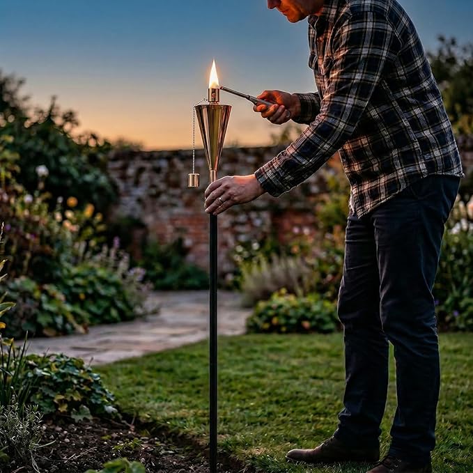 FAB BASED 55 Inch Outdoor Oil Torch Lamp–Set of 4 Pieces Rustproof Stainless Steel Citronella Torches, 12.17 oz, Includes Funnel & Fiberglass Wicks for Patio Garden Backyard (Rose Gold)