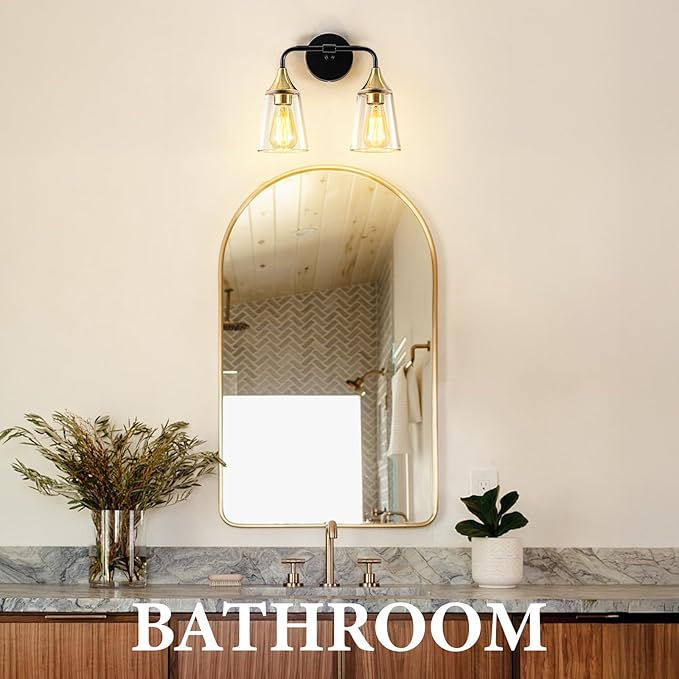 2-Light Bathroom Vanity Light, Black and Gold Bathroom Lighting Fixtures Over Mirror with Clear Glass Shades, Modern Hardwired Wall Sconce Light for Bedroom Hallway