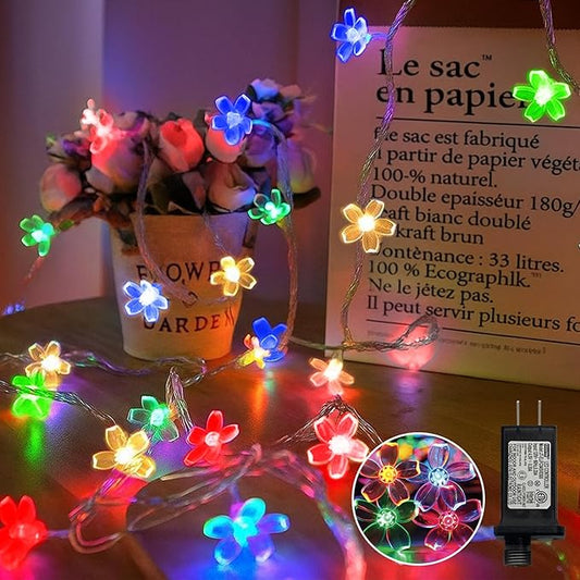LAMPHOME Multicolor Flower String Lights, 33ft 100 LED Cherry Blossom Plug in Easter Christmas Tree Hanging Fairy Lamp, 16funstions Garden Bedroom Indoor Decorations for Fence, Wedding Birthday Party