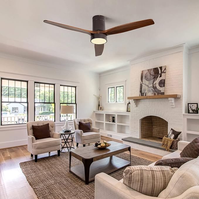 52 Inch Flush Mount Wood Ceiling Fans with Lights Remote Control, Dimmable LED Noiseless Reversible DC Motor,Solid Wood 3 Blade Brown Body