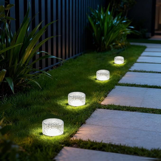 Wokyo 4 Packs Solar Ice Cube LED Light, Solar Wireless Paver Lights, 4x2.2 inch Rock Lights with 6 LED for Patio, Yard, Walkway, Pathway Decor (Circle-Cold White)