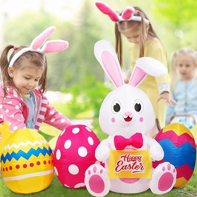 6FT Easter Inflatables Outdoor Decorations, Inflatable Bunny and Colorful Eggs Build-in 5 LEDs, Happy Easter Blow Up Yard Decorations for Home Holiday Party Outdoor Lawn Garden