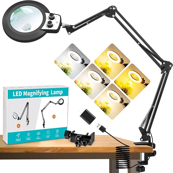12X & 30X Magnifying Glass with Light, Ultra Long 3 Section Swing Arm LED Desk Lamp with Large Clamp, 3 Color and Brightness Hands Free Magnifier Light and Stand for Workbench Crafts Soldering
