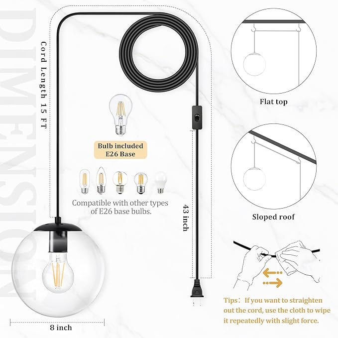KoKo&Yukina 8" Globe Pendant Light Black Plug in Pendant Light Adjustable Hanging Lights with Plug in Cord Matte Black Finished with Clear Glass Lampshade for Bedroom Kitchen Island（Bulb Included）