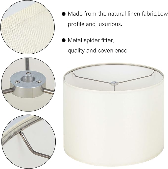 Wellmet Cream White Set of 2 Drum Lampshades, Easy Assembly Required 18" Top x 18" Bottom x 12" High Replacement Lamp Shades, Fabric Lampshades for Table Lamps Floor Lamps, Metal Spider Fitter