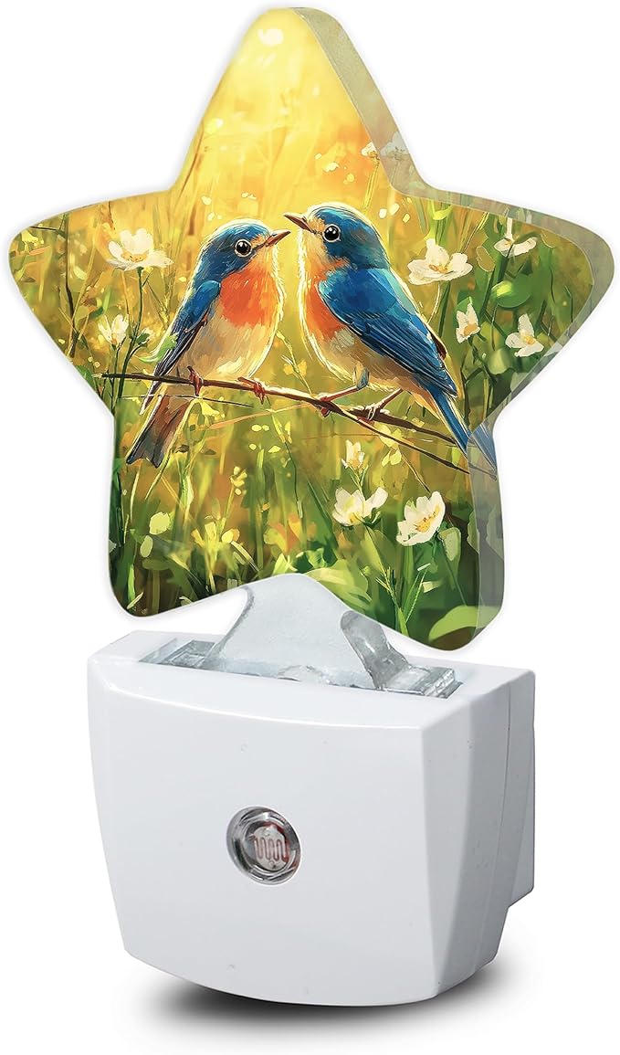 Bird Flower Night Lights Plug Into Wall,Spring Watercolor Birds Star Night Light for Kids,Nightlight with Dusk to Dawn Smart Sensor for Bedroom Bathroom Decor,Children Women Men Gift