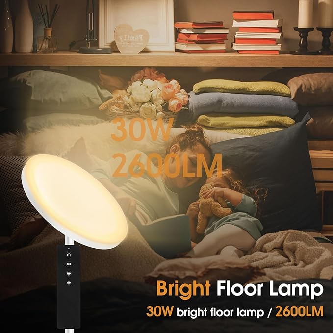 30W/2600LM Bright Floor Lamp with Remote Control, RGB Color Changing Torchiere Floor Lamp, Stepless Adjust Color Temperatures and Brightness for Bedroom and Play Room