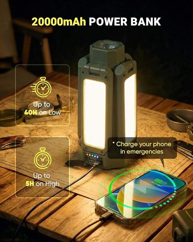 Portable Camping Light with Stand 67'' Rechargeable Work Light - 6500Lumen, 20000mAh Battery, 2700K-6000K Dimmable Camping Lattern with Magnetic Base for Camping, Garage, Emergency