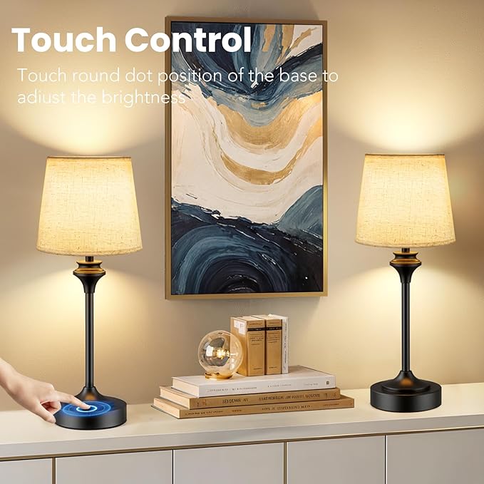 NIORSUN Portables Cordless Table Lamp,Flaxen Fabric Shade Battery Operated Lamp,5200mAh Bedside Table Lamp with Warm White,3 Way Dimmable Touch Desk Lamp for Living Room Bedroom Restaurant (Black)