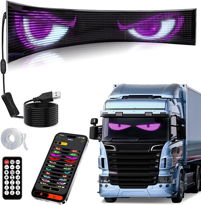 Large LED Devil Eye Lights for Windshield 52"x7.5" [Advanced Chip, 100% Synced Dual Screen] Programmable Custom Big LED Cat Eyes Display for Truck/Golf Cart Window with Remote & APP Control