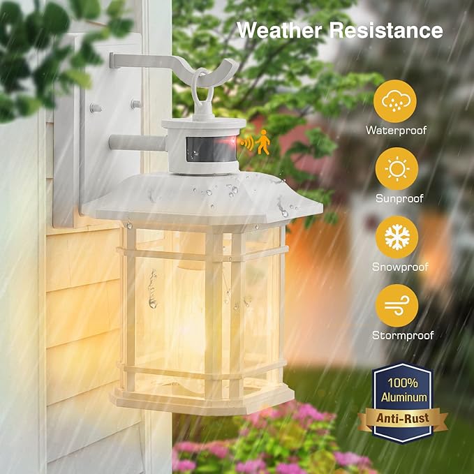 VIANIS Motion Sensor Exterior Lights for House, White Dusk to Dawn Outdoor Lighting, 100% Waterproof Front Porch Light Fixtures, Modern Exterior Sconce with Tempered Seeded Glass for Garage