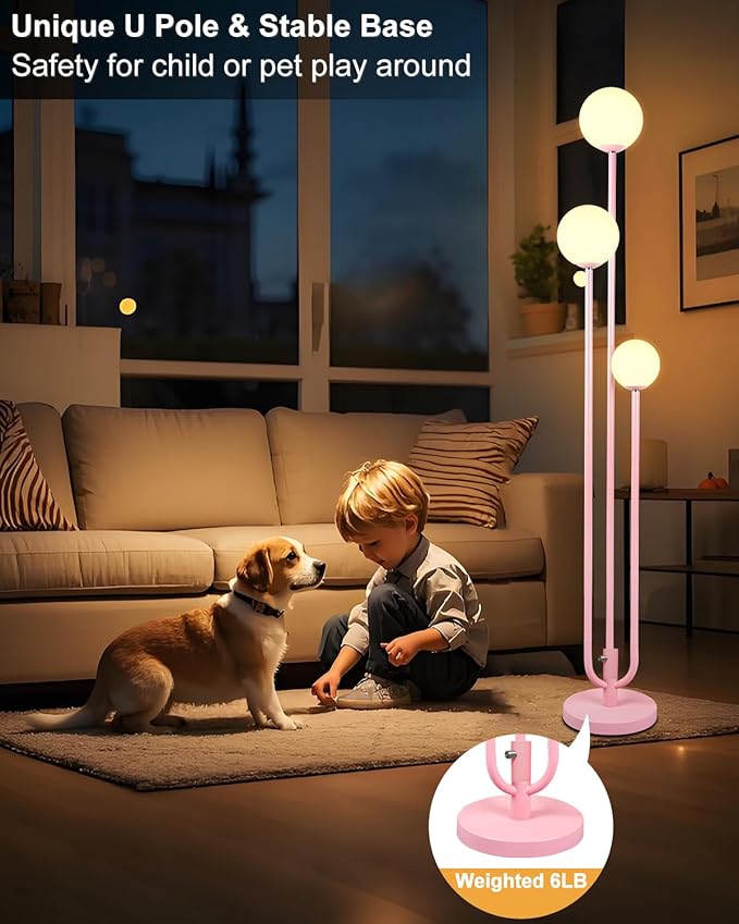 Lightdot 63IN Pink Floor Lamp Mid Century Modern Floor Lamp with 3 Globe 3000K Bulbs Included, 3 Lights U-Style Standing Lamp for Wedding Party/Living Room/Bedroom/Sofa Beside/Corner Decor