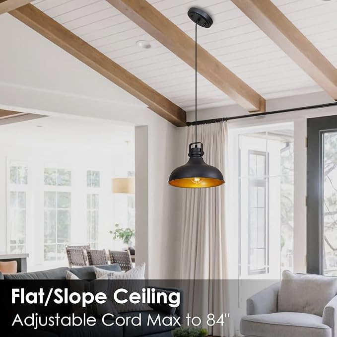 Black Farmhouse Pendant Lights Matte Pendant Lighting for Kitchen Island Industrial Adjustable Height Vintage Dome Hanging Light Fixtures for Barn, Dining Room 2 Packs