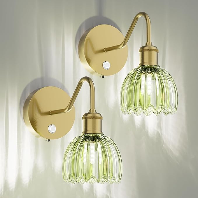 2 Pack Battery Powered Wall Sconce with Green Tulip Glass Lampshade, Rechargeable Dimmable LED Wall Sconce for Living Room, Hallway, Bedroom, Dining Room