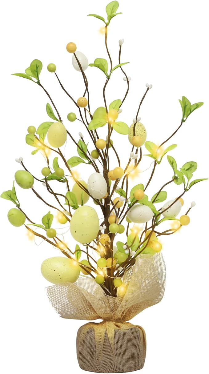 RoseCraft Easter Decorations, 18 Inch Pre-Lit Easter Egg Tree Tabletop Decor with Delicate Ornaments, for Home Party Wedding Holiday Spring Summer Decoration, Yellow/White.