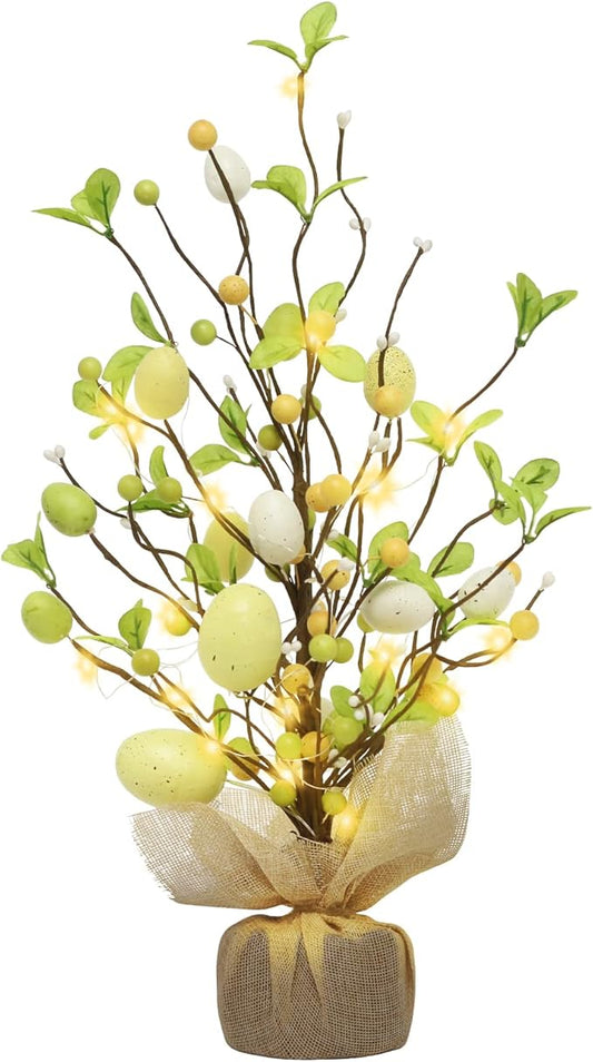 RoseCraft Easter Decorations, 18 Inch Pre-Lit Easter Egg Tree Tabletop Decor with Delicate Ornaments, for Home Party Wedding Holiday Spring Summer Decoration, Yellow/White.