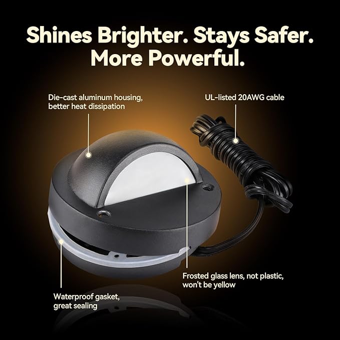 LEONLITE Update 5CCT LED Low Voltage Deck Lights, 180LM 3.74inch Landscape Step Railing Fence Light, 12-24V AC/DC, CRI90, Die-cast Aluminum Housing & Frosted Glass Lens, UL Cord, Black, Pack of 6