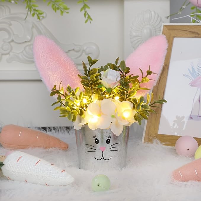 Prsildan Easter Table Decorations Artificial Flower with Bunny Ear, Lighted Desk Decor Bunny Flowers, Easter Tabletop Decorations for Home Table Mantle Office Spring Party