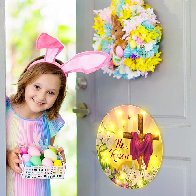 Geelin 11 Inch Easter Window Light He is Risen Decorations Spring Christian Jesus Cross Religious Sign LED Happy Easter Party Supplies for Indoor and Outdoor Farmhouse Wall Decor (Cross)