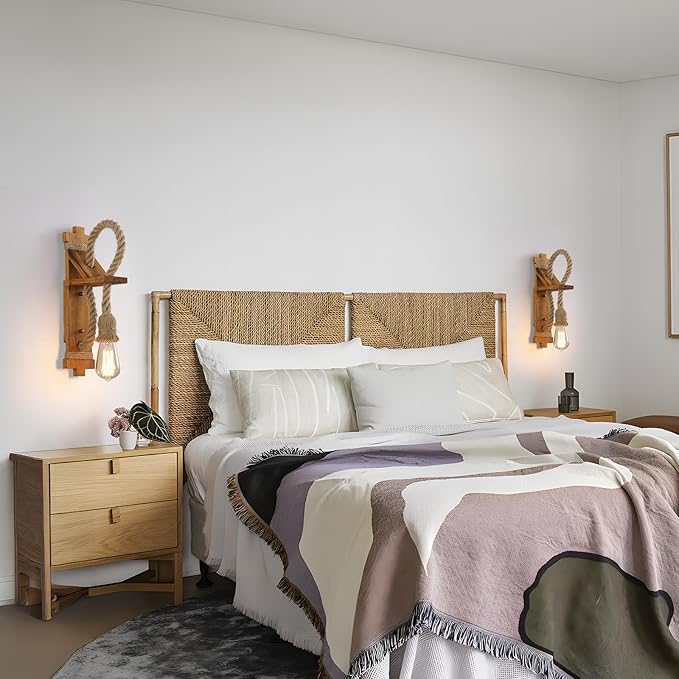 SEEBLEN Wall Sconces Set of Two Farmhouse Wooden Wall Sconce with Natural Hemp Rope,Boho Wall Lamps for Bedroom Beside Living Room Fireplace.