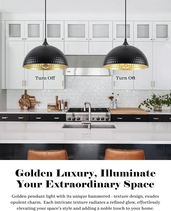 Hammered Pendant Lights Kitchen Island 2 Pack, 12 Inch Black Dome Pendant Light, Industrial Hammered Pendant Light, Island Pendant Lights for Kitchen, Dining Room, Cafe