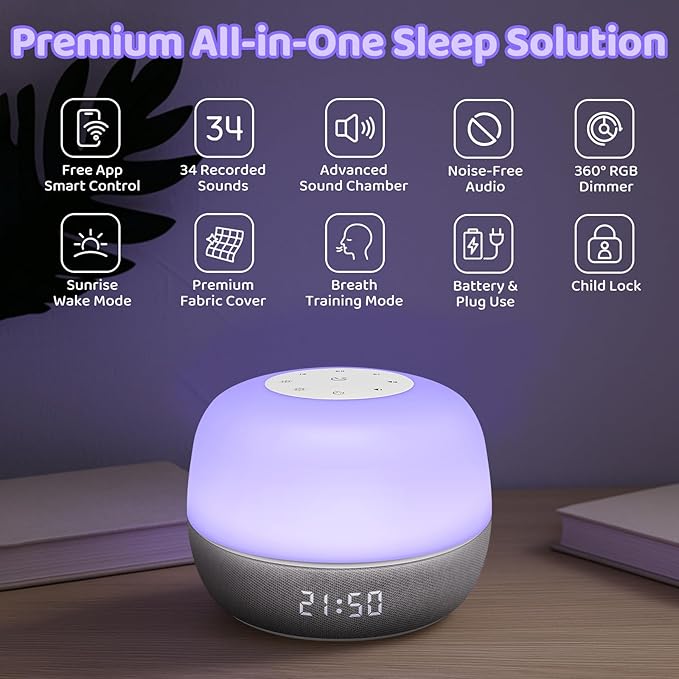 2025 Mom's Choice Awards | Sound Machine Baby White Noise Machine with Sunrise Alarm Clock & App Control – 360° RGB Night Light, Sleep Soother for Adults & Kids, Baby Essentials for Newborns