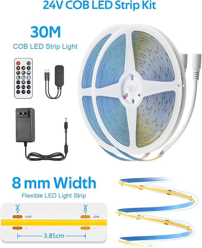 Aclorol COB LED Strip Lights 100FT 3000K 24V Dimmable Warm White LED Light Strip with Remote and App Control Flexible Tape Light for Bedroom Shelf Cabine Closets Garages Kitchen (2Rolls of 50FT)