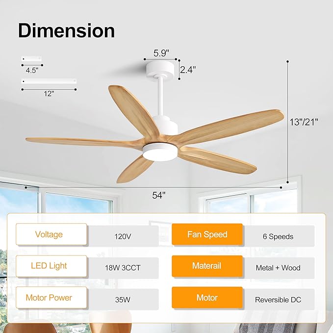 WINGBO 54" Ceiling Fan with Light - 5 Carved Solid Wood Blades, 6-Speed Reversible DC Motor, Dimmable, 3CCT, Noiseless Remote Control Ceiling Fans with Lights for Bedroom Living Room, White and Oak