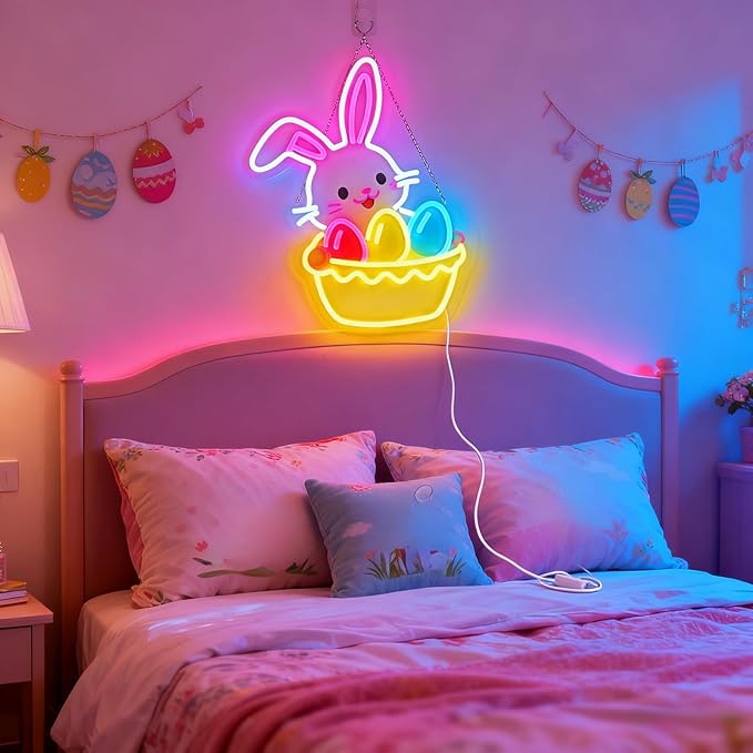 Easter Egg Basket Neon Sign with Bunny - Rabbit Holding Basket Wall Decor, 10-Level Dimmable LED Light, USB Powered Easter Basket Stuffers Gift, 15.7"x12.6"