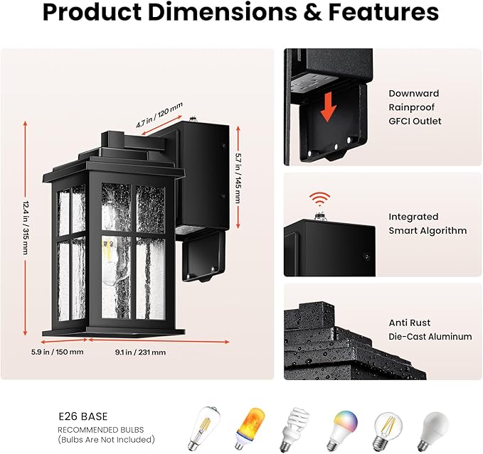 Gleamz Outdoor Porch Light with Outlet GFCI, Modern Black Exterior Lighting Fixtures Wall Mount for House Garage Coach, Waterproof Dusk to Dawn Outdoor Wall Lanterns Sconce, Outside Light with Outlet