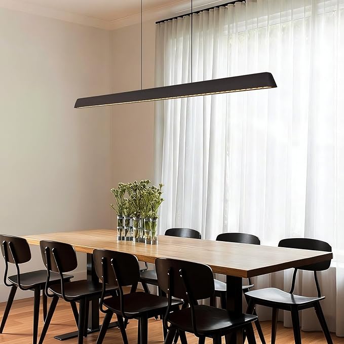 Wood Linear Pendant Light, Dimmable Kitchen Island Lighting with Remote, 35W LED Island Lights for Kitchen, Adjustable Linear Chandelier for Dinning Room Light Fixture (Black, 57inch)