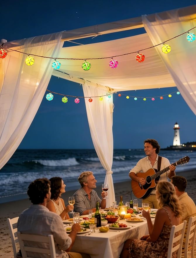 8.5 Ft Nautical Fishing Float String Lights, Beach Themed Buoy Lights Set of 10 LED Tiki Bar Lights Indoor Home Decor and Outdoor Patio Decorations-Multicolor