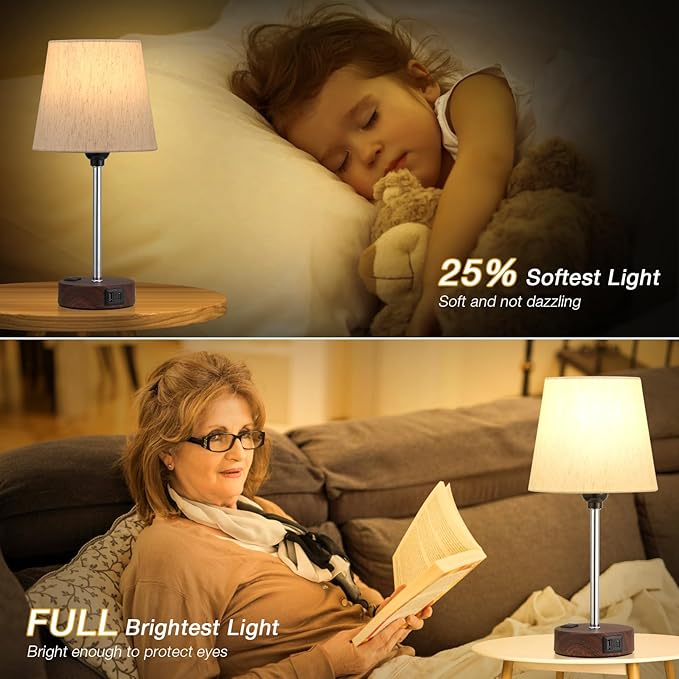 Acaxin Reddish Brown Bedside Lamps Set of 2 - Nightstand Bedroom Lamp with USB C Port and AC Outlet Charging, 3 Way Dimmable Touch Control Small Bed Side Table Lamp, Nightstand Light