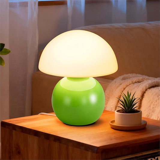 Small Mushroom Lamp,USB-Plug in Bedside Table Lamps with 3-Temperature LED Bulb Dimmable,Unique Cute Aesthetic Home Decor for Living Room,Bedroom, Modern Ceramic Base Glass Lamp(Green)