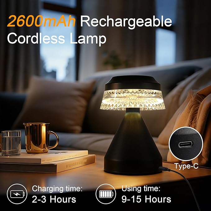 Rechargeable Cordless Table Lamp, Battery Operated Table Light | 3 Color | Stepless Dimming, for Bedroom, Cafe, Camping, Bar, Dining Table, Restaurant (2 Pack)