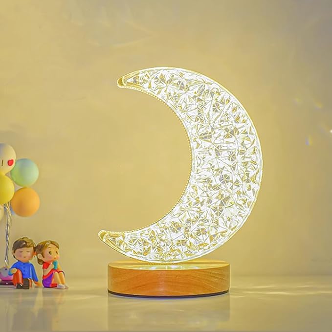 Modern Crystal Table Lamps Moon Lamp with Base Touch Control,Rechargeable and Dimmable Bedside Nightstand Nursery Light 3 Color Adjustable, Christmas Ramadan Bedroom Decorations Gift,7x4x4in