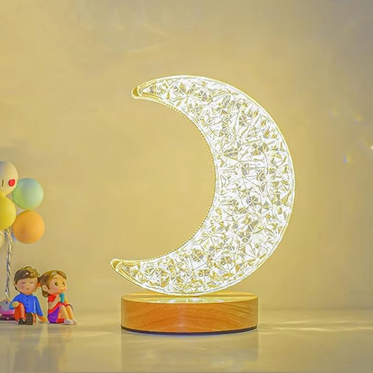 Modern Crystal Table Lamps Moon Lamp with Base Touch Control,Rechargeable and Dimmable Bedside Nightstand Nursery Light 3 Color Adjustable, Christmas Ramadan Bedroom Decorations Gift,7x4x4in