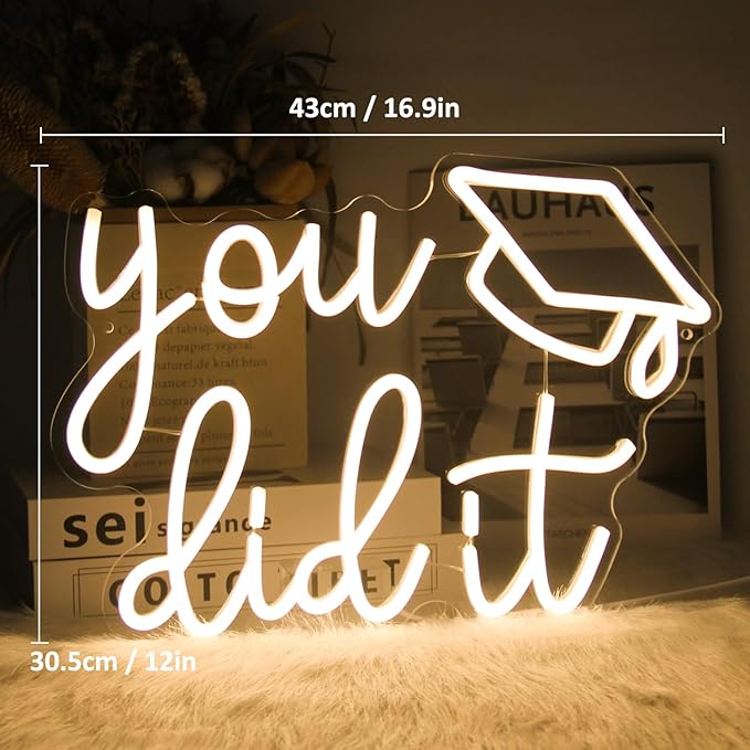 Congrats Grad Neon Sign You Did It LED Neon Light Sign Warm White Congrats Light up Sign Background Neon Signs for Wall Decor Celebrate Neon Lights for Class of 2026 Graduation Party Decor