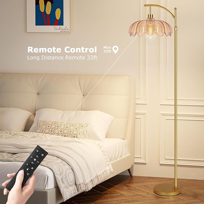 Floor Lamp for Living Room,Bedroom,Gold Dimmable Standing Lamp with Remote,Mid Century Modern Brass Tall Lamp Retro Vintage Glass Lamp Floor Light Boho Bohemian