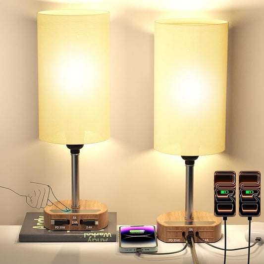 Bedside Table Lamps Set of 2, Desk Lamp with Charging Station 74W【2 * 3.94ft Retractable Cords & 2 USB Ports】, 3 Way Dimmable Touch Lamps for Nightstand (Grey-Wood Grain Set of 2)