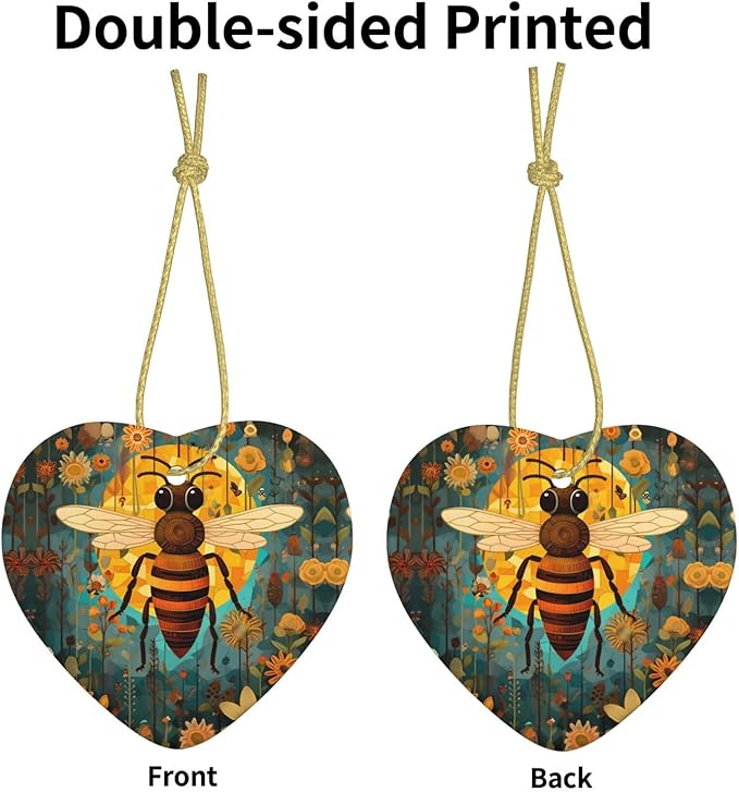 Bee Sunflowers Pattern Christmas Ornaments, Christmas Decorations Xmas Tree Hanging Ornaments, Heart-Shaped Ceramic Festive Keepsake Gift for Xmas Decorations Holiday Home Party