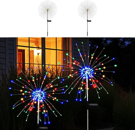 Solar Firework Lights for Outside, 8 Modes RGB Color Changing Fireworks Solar Fairy Light Outdoor for Garden Yard Patio Pathway Wedding Christmas Diwali Easter Party Decor Multicolor(2 Pack)