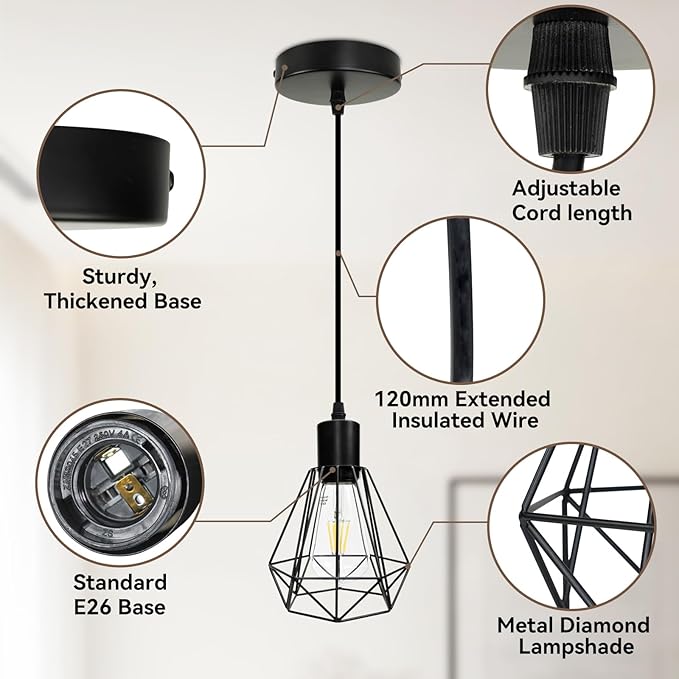 Hanging Lighting for Kitchen,Modern Black Farmhouse Pendant Light Fixture with Adjustable 47.2inch Cord, E26 Base Ceiling Lamps for Dining Room,Bulbs Not Included-3 Pack