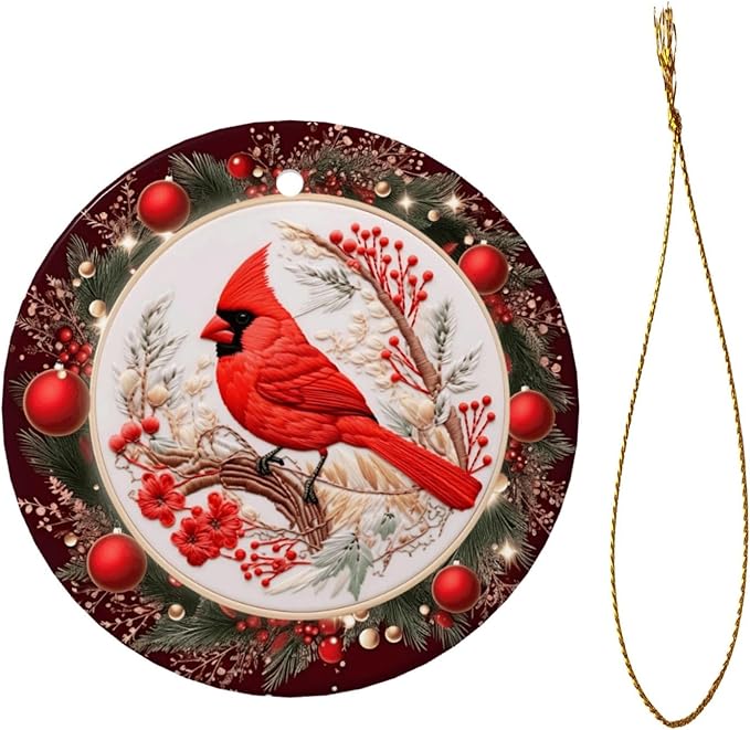 Merry Christmas Cardinal Red Ball Christmas Ornaments, Christmas Decorations Xmas Tree Hanging Ornaments, Round Ceramic Festive Keepsake Gift for Xmas Decorations Holiday Home Decor