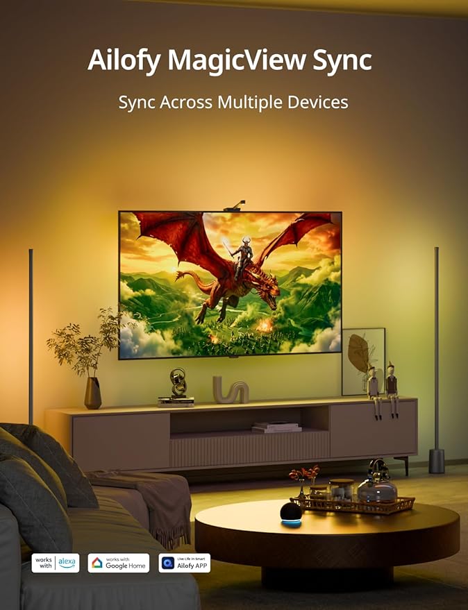 Ailofy TV LED Backlight with HD Wide-Angle Camera for 40-50 Inch TVs, Full-Screen Color Sync Lights for Gaming, Movies & Streaming, App Control, Works with Alexa & Google Assistant