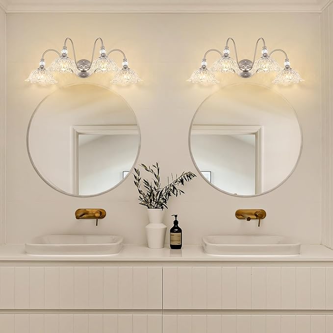Brushed Nickel Bathroom Vanity Light, 4-Light Vanity Light with Floral Clear Glass Shades, Brushed Nickel Wall Mount Lighting for Bathroom, Dressing Table