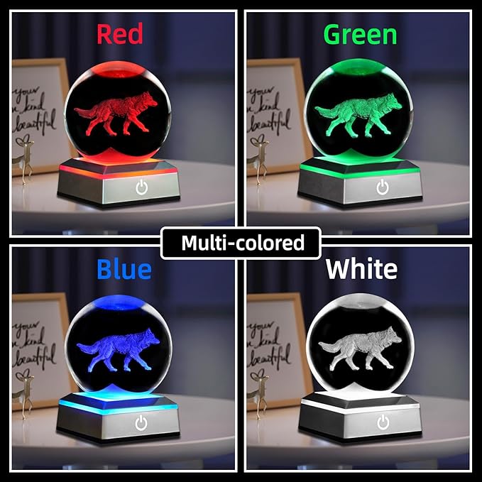 3D Wolf Crystal Ball Night Light 3.15 inch Glass Ball Table Lamp with Color Changing Touch Base Decor Ideal Wolf Statue Decor Gifts for Friends Kids Christmas Birthday