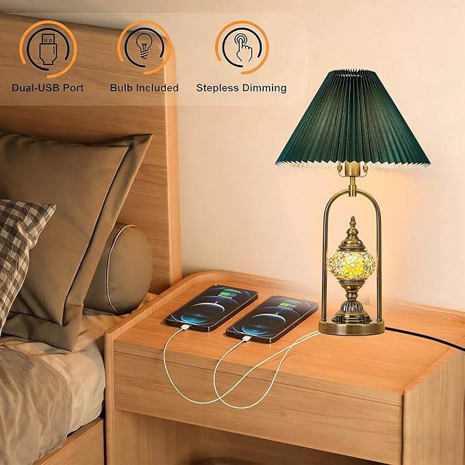 beaysyty Vintage Mosaic Table Lamp Set of 2, 25.2 Inch Decorative Bedside Lamps with Pleated Shade, USB Charging Ports, Colored Glass Globe Night Light, Bronze Gold Finish and Green lampshade
